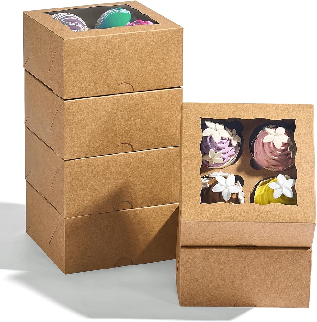 RomanticBaking 50 Pack 4 Cupcake Boxes with insert,6'' x 6'' x 3''Brown Kraft Cupcake Containers Food Boxes for Cookies,muffin,cakesicles