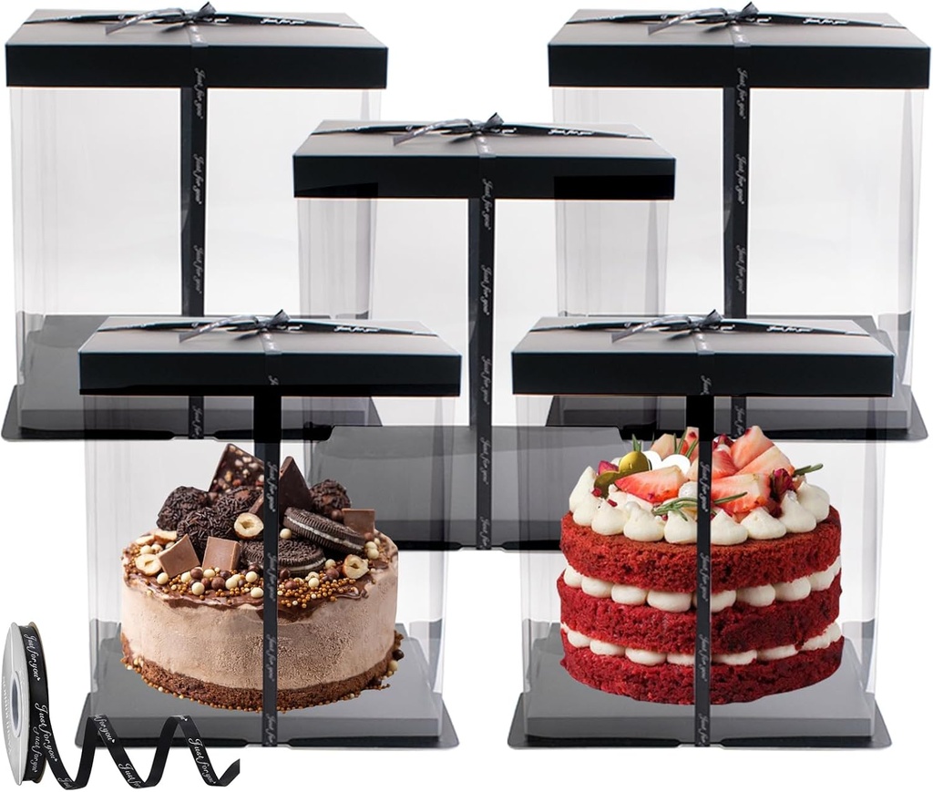 5 PCS Tall Cake Boxes 8×8×9 Inches, Clear Cake Box with Ribbon for 6 Inch Cake Packing, Bakery Cupcake Pie Cookies Clear Gift Display with Lid for Carry Tall Layer Gift (Black)