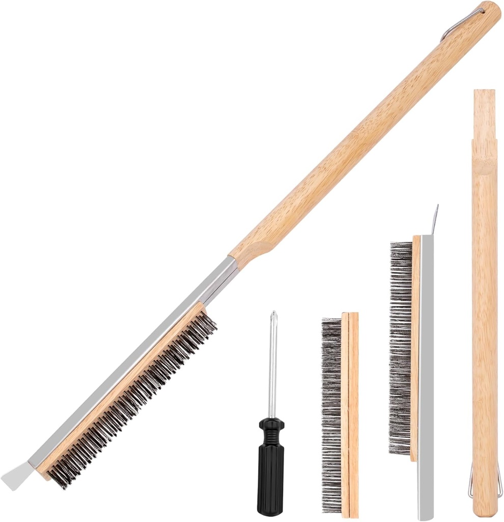 22'' Pizza Oven Brush with Stone Scraper, Includes 2 Brush Heads and Screwdriver, Works with Ooni Pizza Oven, Heat-Resistant Stainless-Steel 2-in-1 Pizza Stone Brush, Pizza Oven Brush and Accessories