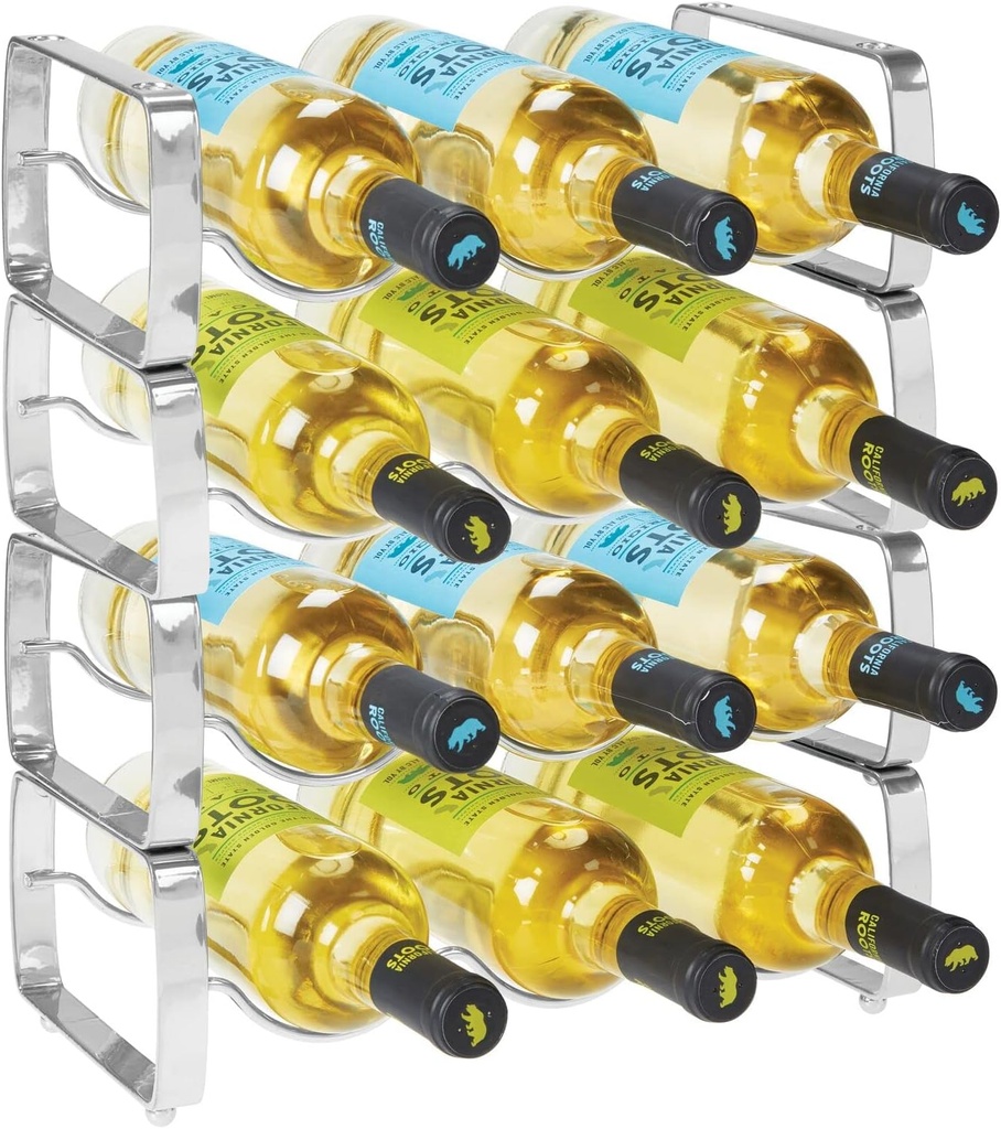 mDesign Metal Steel Free-Standing 3 Bottle Modular Wine Rack Storage Organizer for Kitchen Countertop, Table Top, Pantry, Fridge - Holder for Wine, Beer, Pop/Soda, Water, Stackable - 4 Pack - Chrome
