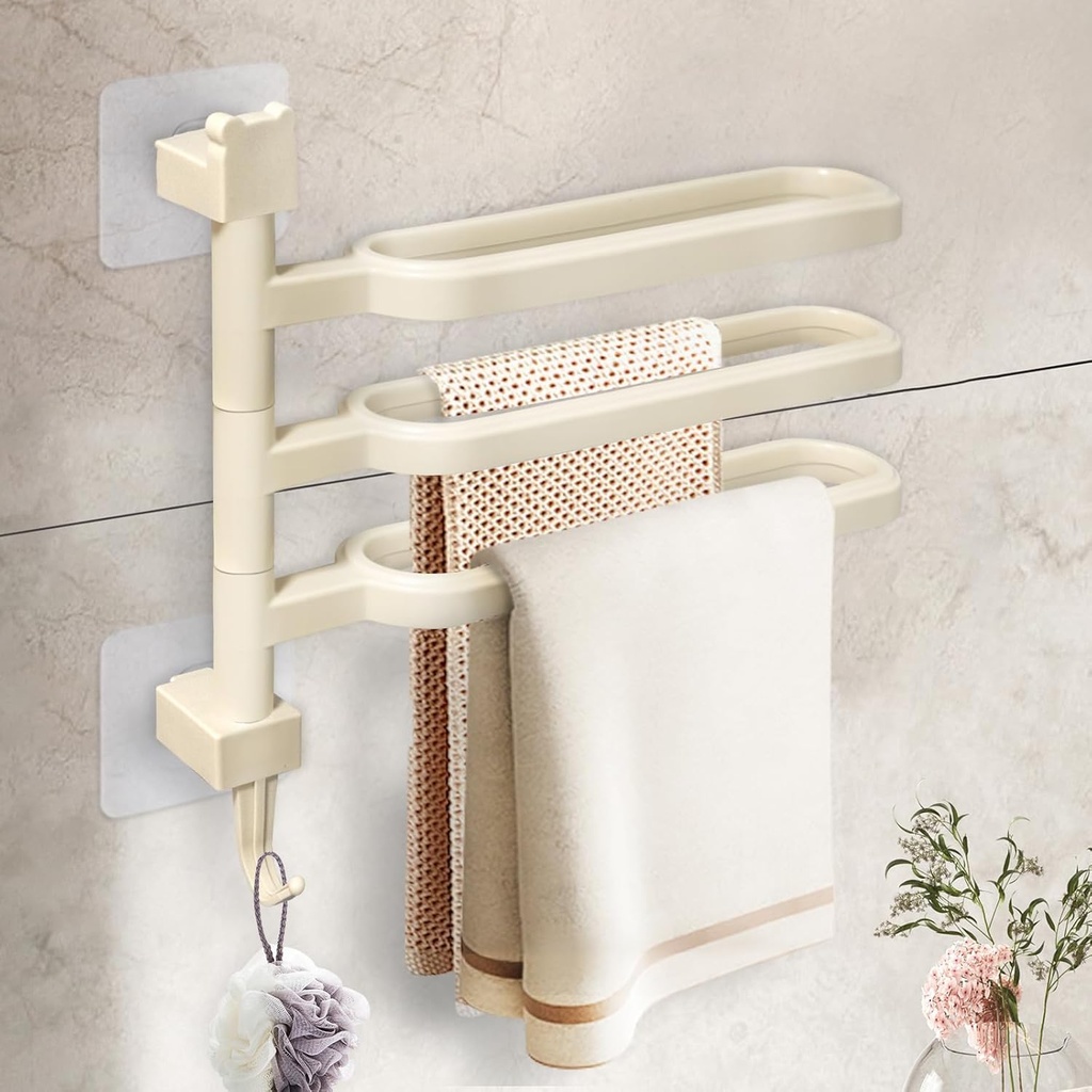 No Drill Swivel Towel Rack Wall Mounted 3-Arm Towel Bar ABS Self-Adhesive Towel Holder with Hook for Bathroom Shower Kitchen Beige