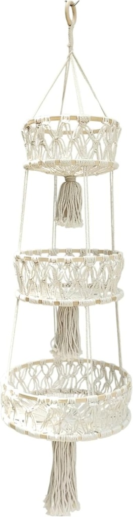 Maxona 1 Pack 3 Tier White Color Hanging Basket- 3 Pcs Different Size Macrame Hanging Storage Basket Suitable for Plant and Kitchen, Hanging Planter Fruit Vegetable Holder Hanger Indoor Boho Décor