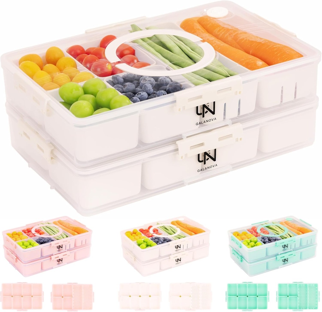 Stackable Snackle Box Container with 2 Lids, 14 Compartments - BPA-Free Snackle box Organizer, Dishwasher & Microwave Safe Reusable Snacklebox for Veggies, Fruits, Charcuterie, Snacks (White, 2 Pack)