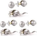 Knobonly 3 Sets of Wave Style Entry Door Handle Set with Double Cylinder Deadbolt in Satin Nickel Finish, Keyed on Both Sides, All Keyed Alike Combo Pack