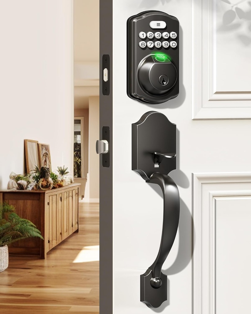 Veise Fingerprint Door Lock Set, Keyless Entry Door Lock, Front Handle Set, Electronic Keypad Deadbolt with Lever Handle, 2 Keys, Auto-Locking, One-time Codes, Easy to Install, Matte Black