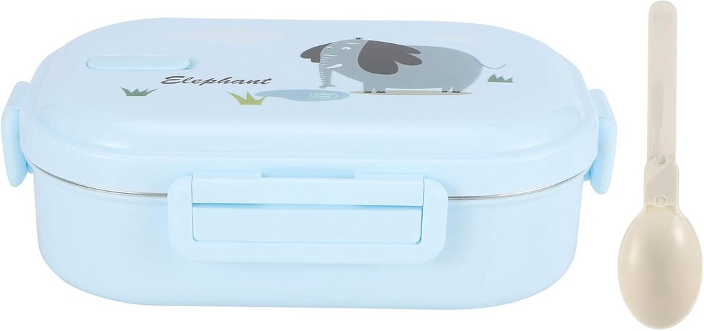 650 ml Insulated Lunch Box, Cute Lunch Box with Spoon Stainless Steel Bento Box 2 Compartment Metal Lunch Containers Leakproof Food Storage Containers (Solid blue-elephant)