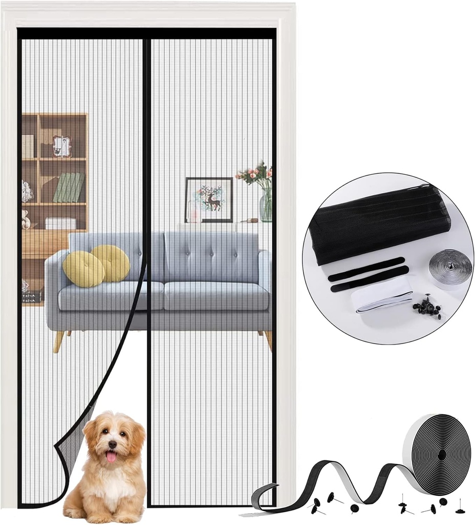 Self Sealing Magnetic Screen Door, Hands Free Mesh Partition Doorway Magnet Closure Keeps Bugs Out, Heavy Duty Mesh Sliding Screen Door- Pet & Kids Friendly (38 x 82 Inch) Black
