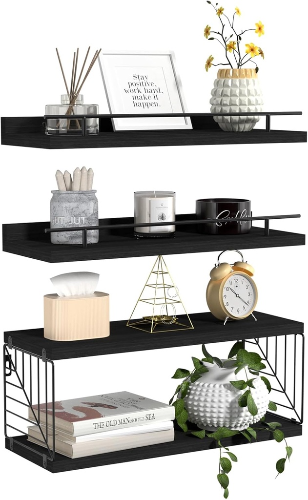 Floating Shelves for Wall, Floating Shelf for Bathroom Set of 3, Floating Shelf for Wall with Toilet Paper Holder for Bathroom, Bedroom, Living Room, Kitchen, Office (Black)