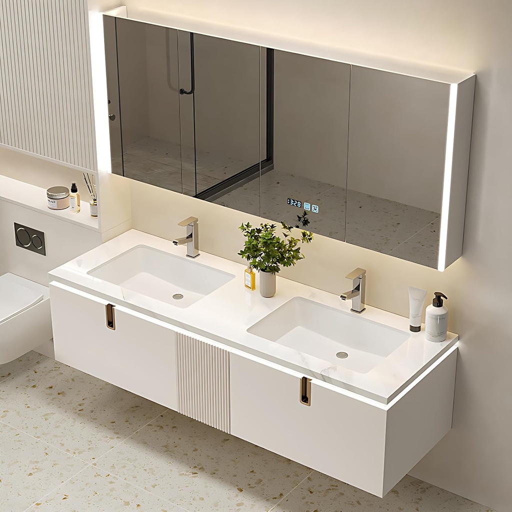 Solid Wood Floating Bathroom Vanity with Sink - Double Sink Bathroom Vanity Cabinet with Smart LED Mirror & Ample Storage, Motion Sensor Light Design with Faucet Accessory Set (Mirror Cabinet, 88")