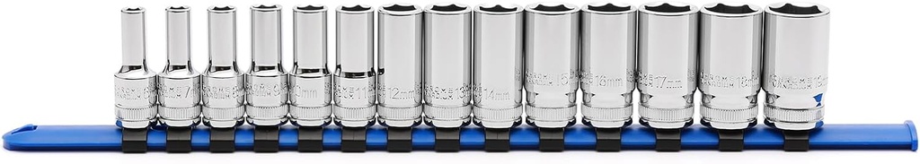 MIXPOWER 3/8" Drive Mid-Length Socket Set with Storage Rails, 14-Piece, 6 Point, 6-19mm, CR-V, Metric, Semi-Deep Socket Set