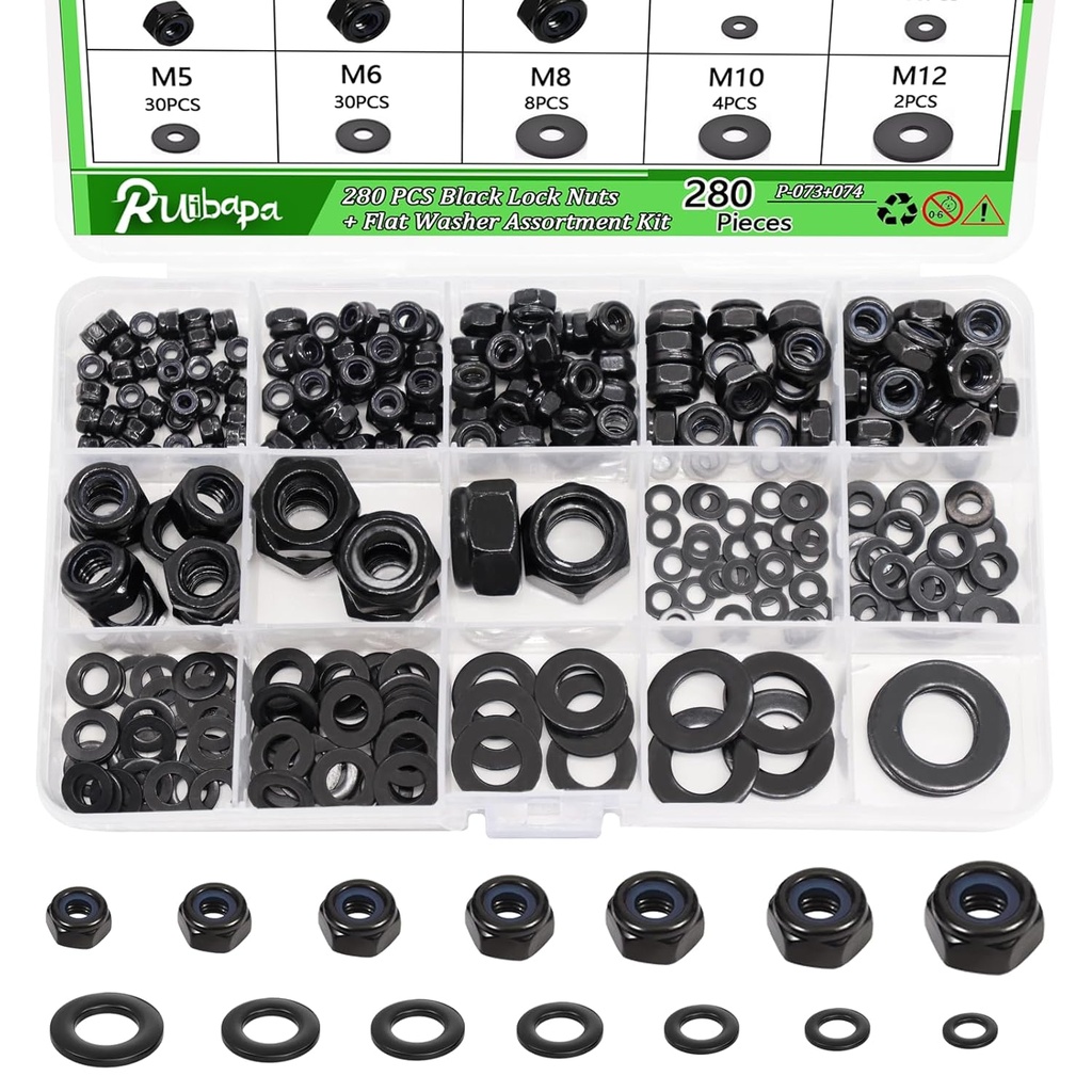 280 PCS Black Lock Nuts & Flat Washer Assortment Kit, Metric Nuts and Flat Washer M3 M4 M5 M6 M8 M10 M12，304 Stainless Steel Standard Threaded Black