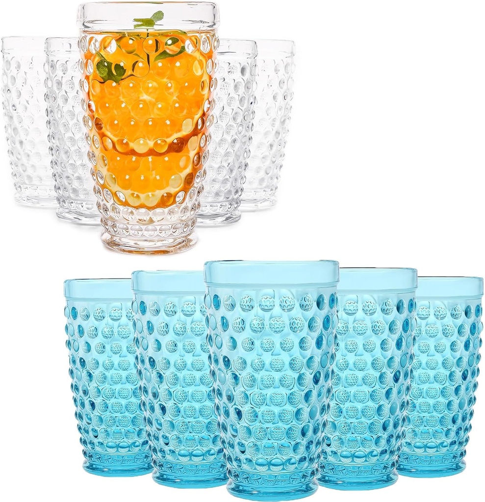 G Hobnail Drinking Glasses 6 Set, Blue and Clear 13 oz Premium Tall Highball Water Glasses, Mixed Drinkware,Parties Restaurants