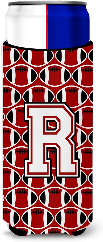 Letter R Football Cardinal and White Ultra Beverage Insulators for slim cans