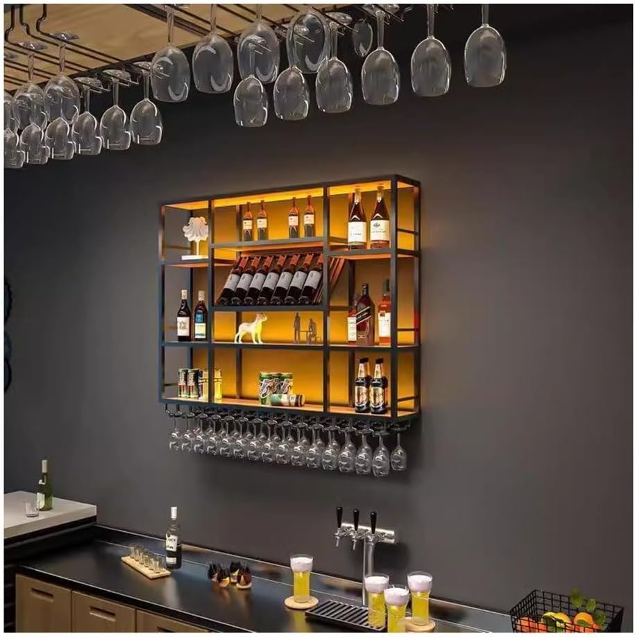 Wall Mounted Wine Rack with LED Light, Modern Industrial Hanging Liquor Bottles Shelves Metal Floating Wine Storage Display Shelf for Bar, Kitchen, Wine Cellar, Coffee(Black,120x20x120cm)