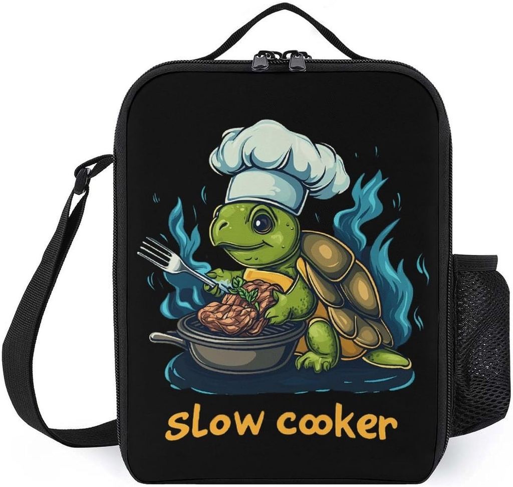 Slow Cooker Turtle Chef Insulated Lunch Bag with Adjustable Shoulder Strap Side Pocket Meal Box Tote