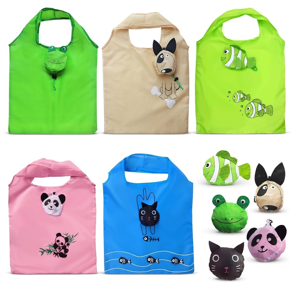 5 PCs Reusable Produce Bags – Reusable Grocery Bags Foldable with 15"x15" Capacity Size and Cute Animal Design – Convenient for Taking Along for Shopping and Made for Long Service Life in Daily Use