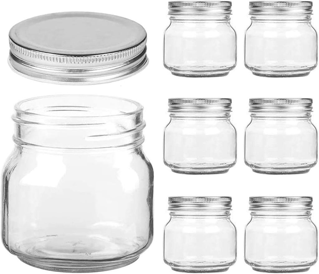 Small Mason Jars Regular Mouth - 8 oz Clear Glass Jars with Silver Metal Lids for Sealing, Food Storage, Overnight Oats, Jelly, Dry Food, Jam,DIY Jars, 6PCS