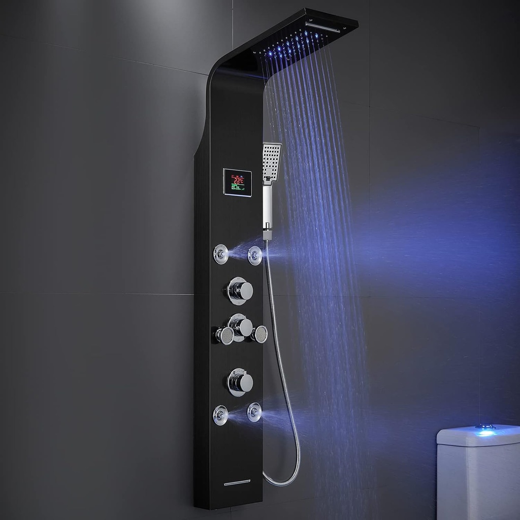 MENATT LED Light Shower Panel Black, Stainless Steel Shower Tower System with LED Rainfall Waterfall Shower Head, Massage Spray, Handheld Shower, Tub Spout