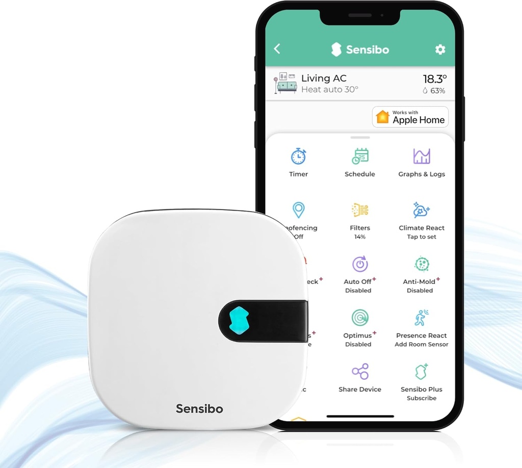 Sensibo Air - Smart Air Conditioner Controller. Apple HomeKit Certified. 60-Seconds Installation. Maintains Comfort and Energy Saving Features. Compatible with Google, Alexa, Apple HomeKit & Siri