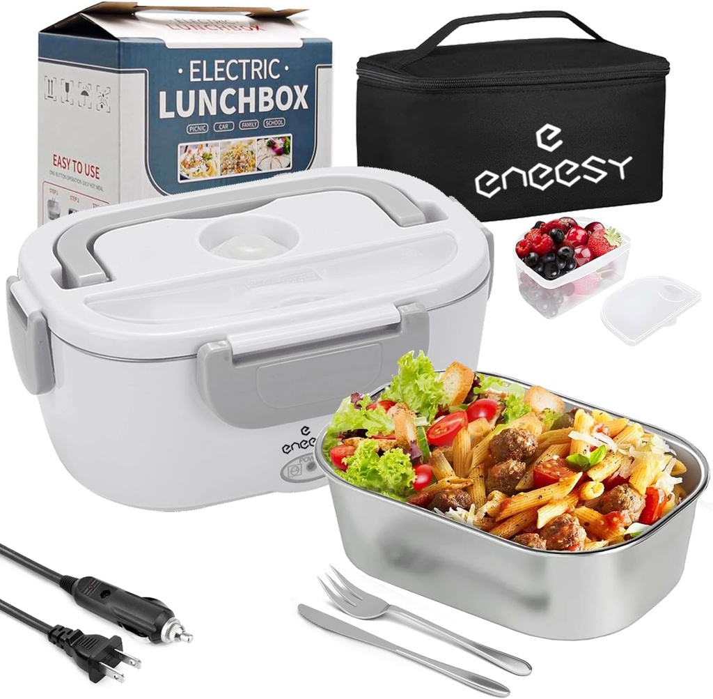 Electric Lunch Box, 80W Heated Lunch Box 1.5L, Portable Food Warmer 12/24/110V, White, Modern, Adult, Car, Office, Travel