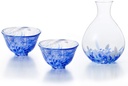 Tsugaru Biidoro, Handcrafted Glass Sake Set, 2 Cups and 1 Tokkuri Carafe, Blue