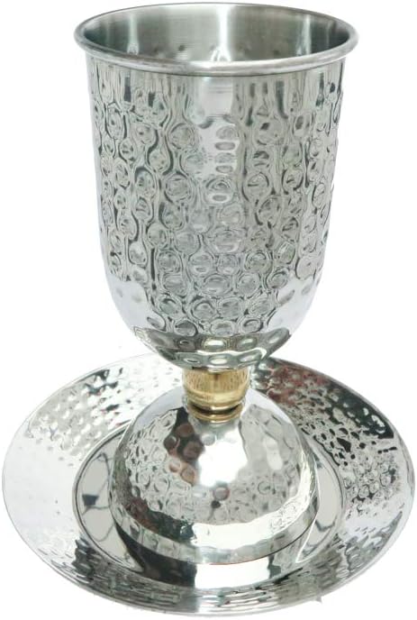 Yair Emanuel Hammered Kiddush Stem Cup with Saucer - Brass