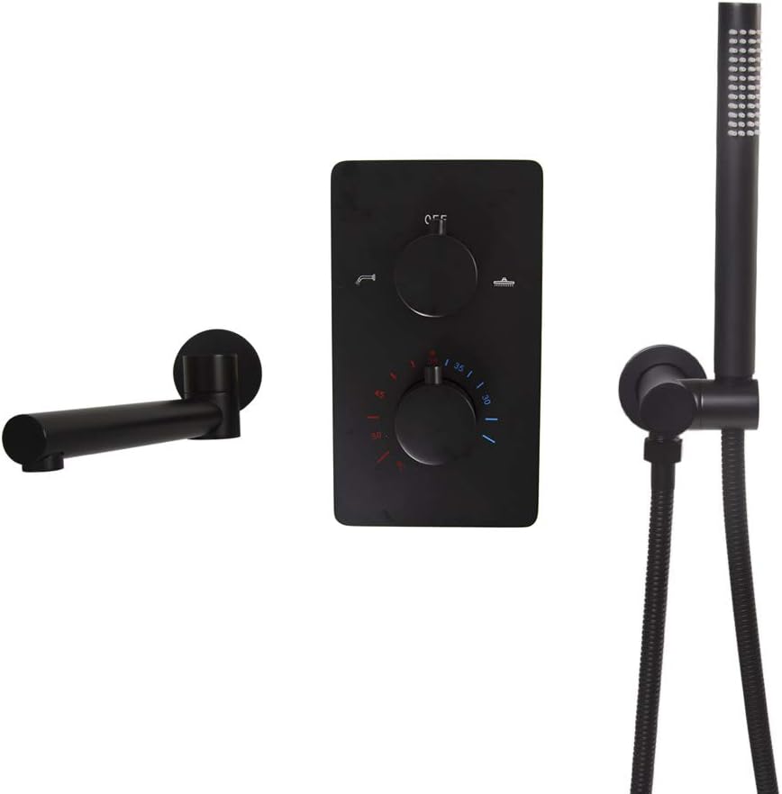 Black Thermostatic Bathtub Faucet with Handheld Shower Wall Mounted Brass Bathtub Faucet Set Multifunctional Shower Mixer Taps with Cold and Hot Water