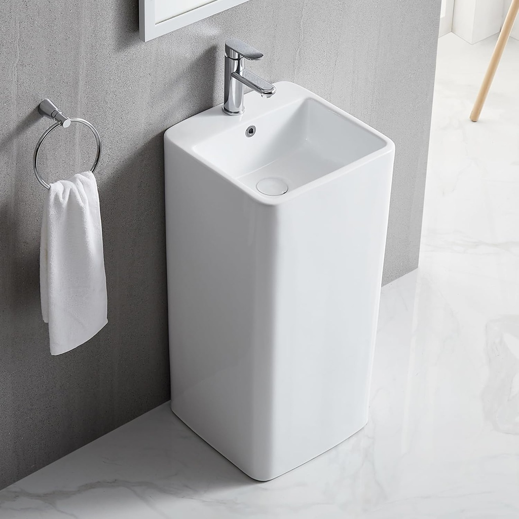 One Piece Sink Pedestal for Bathroom, Eridanus Ceramic Freestanding Sinks 16" L x 16" W x 33" H, Square Pedestal Sink Bowl with Overflow, Modern Vitreous Porcelain Basin in Glossy White