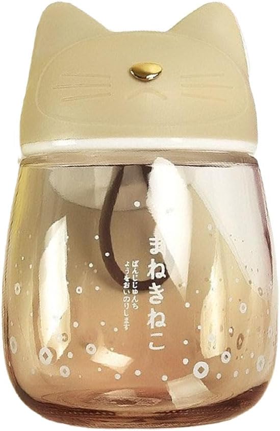 Small Glass Water Bottle Coffee Cup with Lid, Cute Travel Mug Drinking Jar with Silicone Handle,Leak Proof Tea Tumbler for Hot & Cold Drink, Reusable On Go Cup, 10.8 Oz (Cat Ear,Apricot)