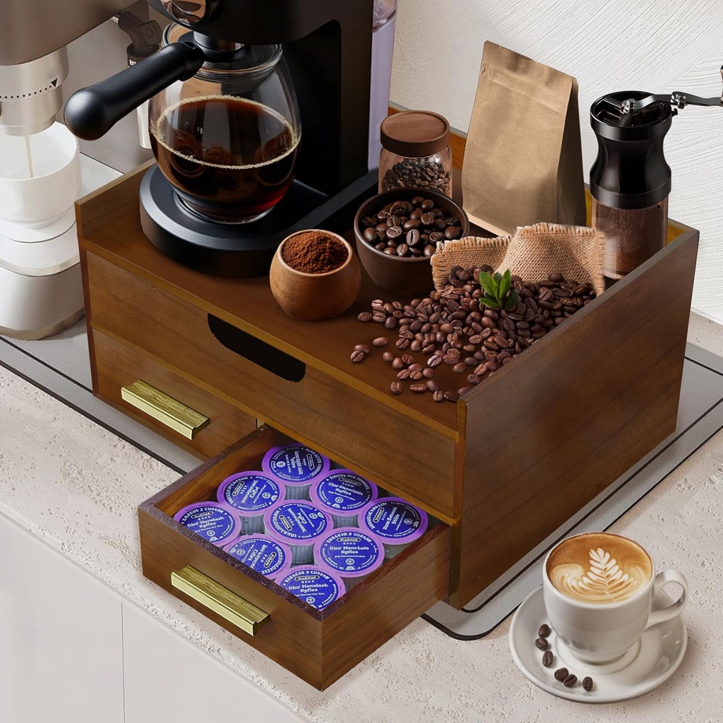 Wooden Coffee Pod Storage Drawer，K Cup Holder Compatible with Vertuo Capsules and Original Coffee Pods,35 Capacity K Cup Coffee Maker Machine Stand for Coffee Station Home Office and Kitchen