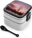 Dusk Background Bento Box with Spoon, 2-layer Stackable Lunch Box Leak Proof with Invisible Handle, Insulated Food Storage for Office, Picnic & Travel