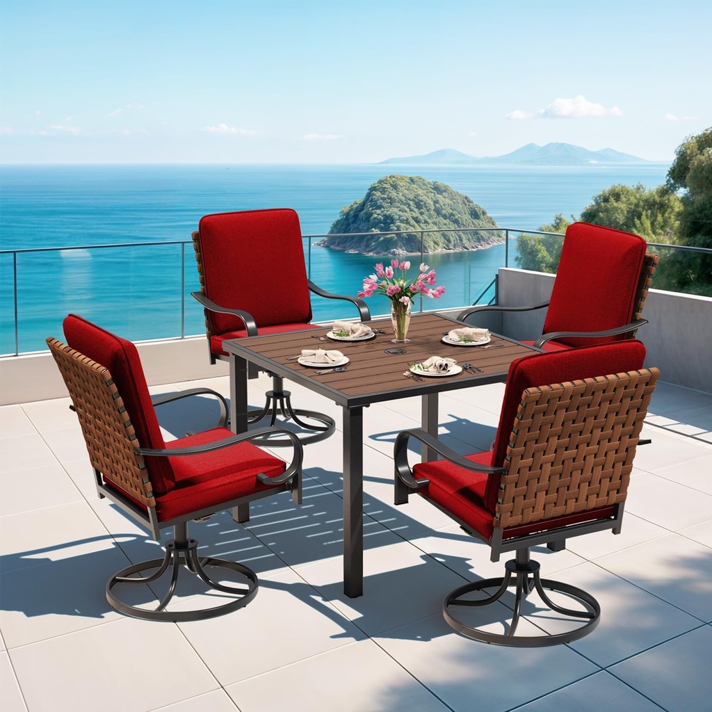 MELLCOM 5-Piece Outdoor Dining Set, 4 Swivel Leather-Look Chairs with Cushions & Square Dining Table with Umbrella Hole, Patio Furniture Set for Porch, Garden, Backyard, Poolside, Deck, Red
