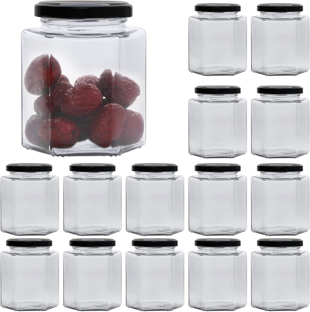 Clear Hexagon Glass Jars With Lids - 16oz, Black, Ideal for Honey, Foods, Jams, Spices - 12 Pack
