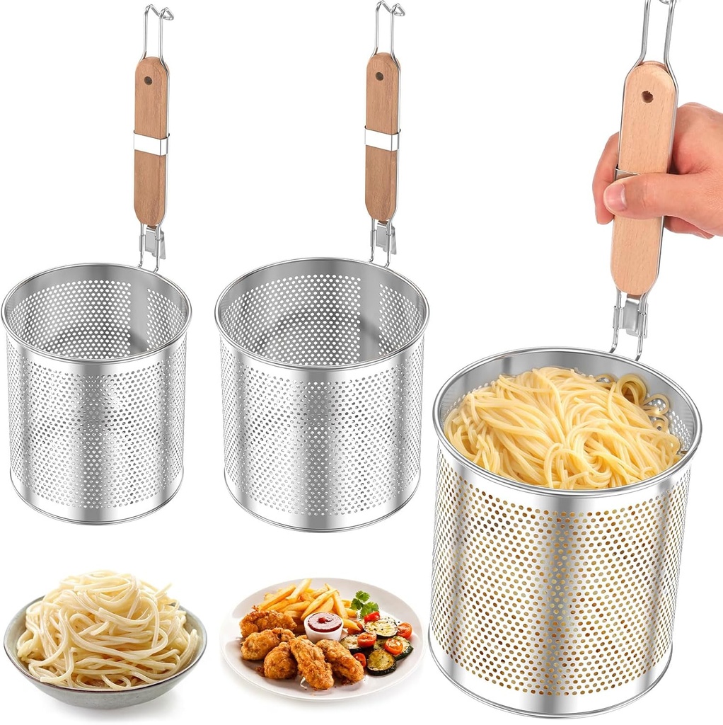 2Pcs Pasta Basket Stainless Steel Mesh Pasta Strainer Basket with Wood Handle for Boiling Straining Deep Frying