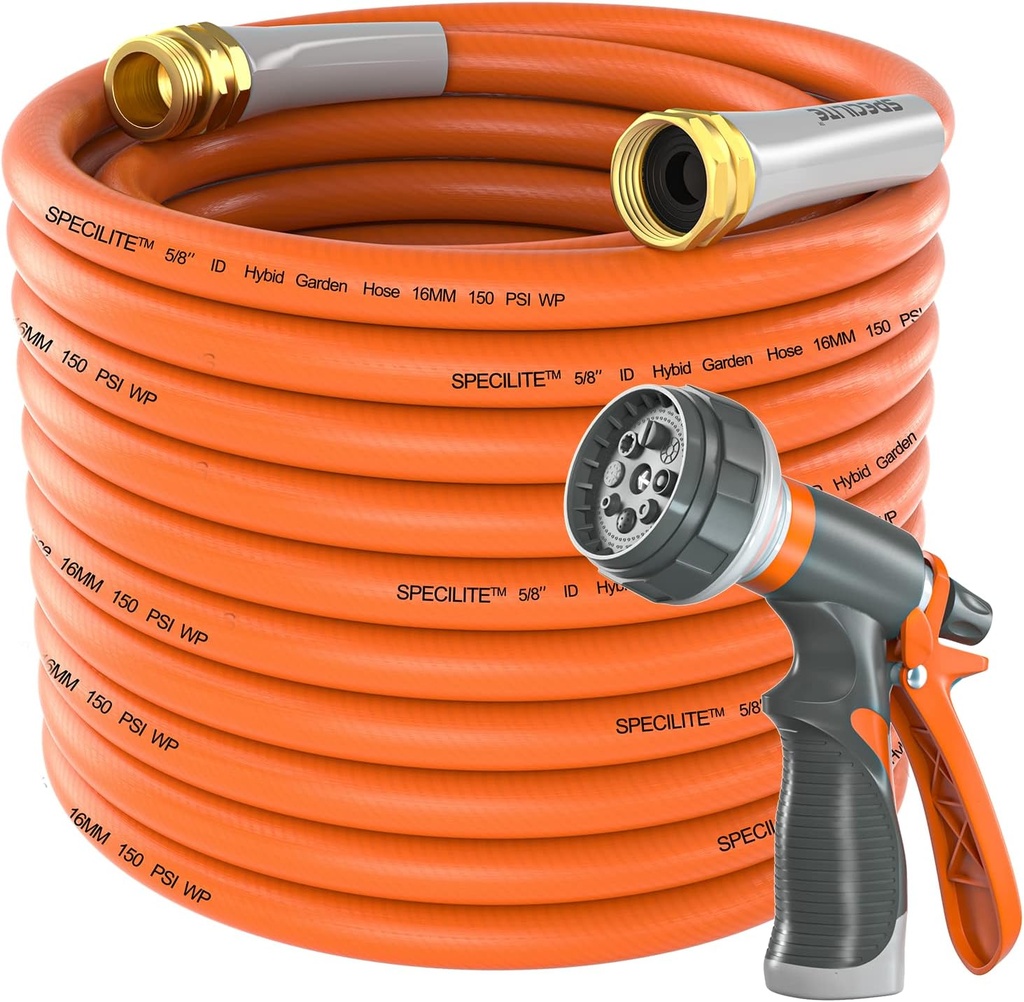 SPECILITE Garden Hose 50 ft x 5/8 in Heavy Duty, Flexible and Lightweight Water Hose, Burst 600 psi, Kink-less Hybrid Rubber Hose for Backyard, 3/4'' Brass Fittings