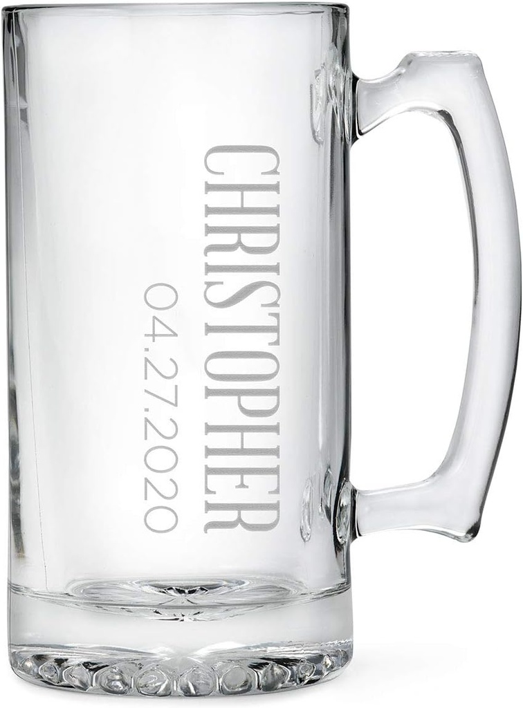 WEDDINGSTAR Personalized Large 25oz Glass Beer Mug Gift Custom Engraved Monogram - Vertical Monogram