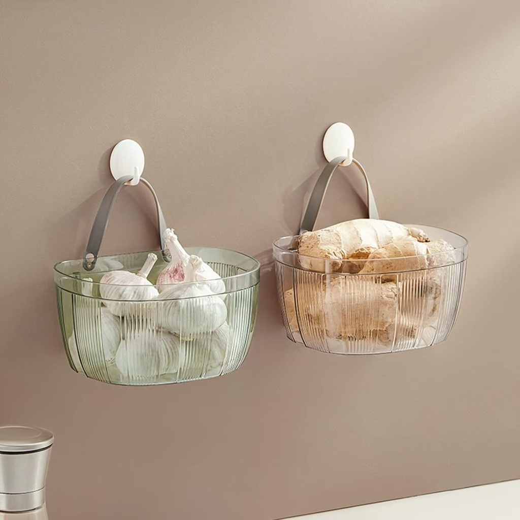 2PCS Plastic Hanging Basket for Ginger Garlic Onion Mini Storage Baskets Kitchen Bathroom Decorative Basket(Grey&Green)