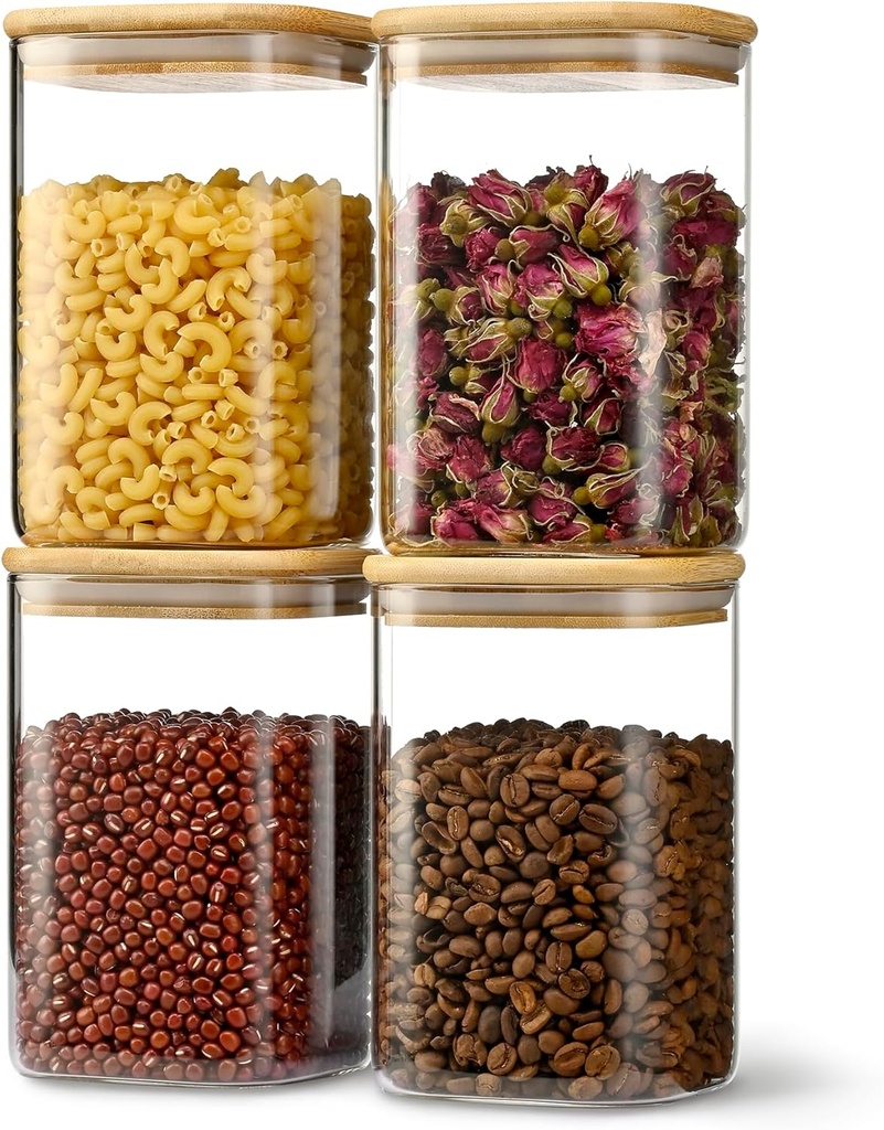 37oz Airtight Glass Square Storage Canister with Bamboo Lid Set of 4 (1100ml) Container Stackable Jar, Kitchen Canister for Pantry Noodles, Flour and Coffee beans (‎with Black Lable)