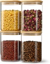 37oz Airtight Glass Square Storage Canister with Bamboo Lid Set of 4 (1100ml) Container Stackable Jar, Kitchen Canister for Pantry Noodles, Flour and Coffee beans (‎with Black Lable)