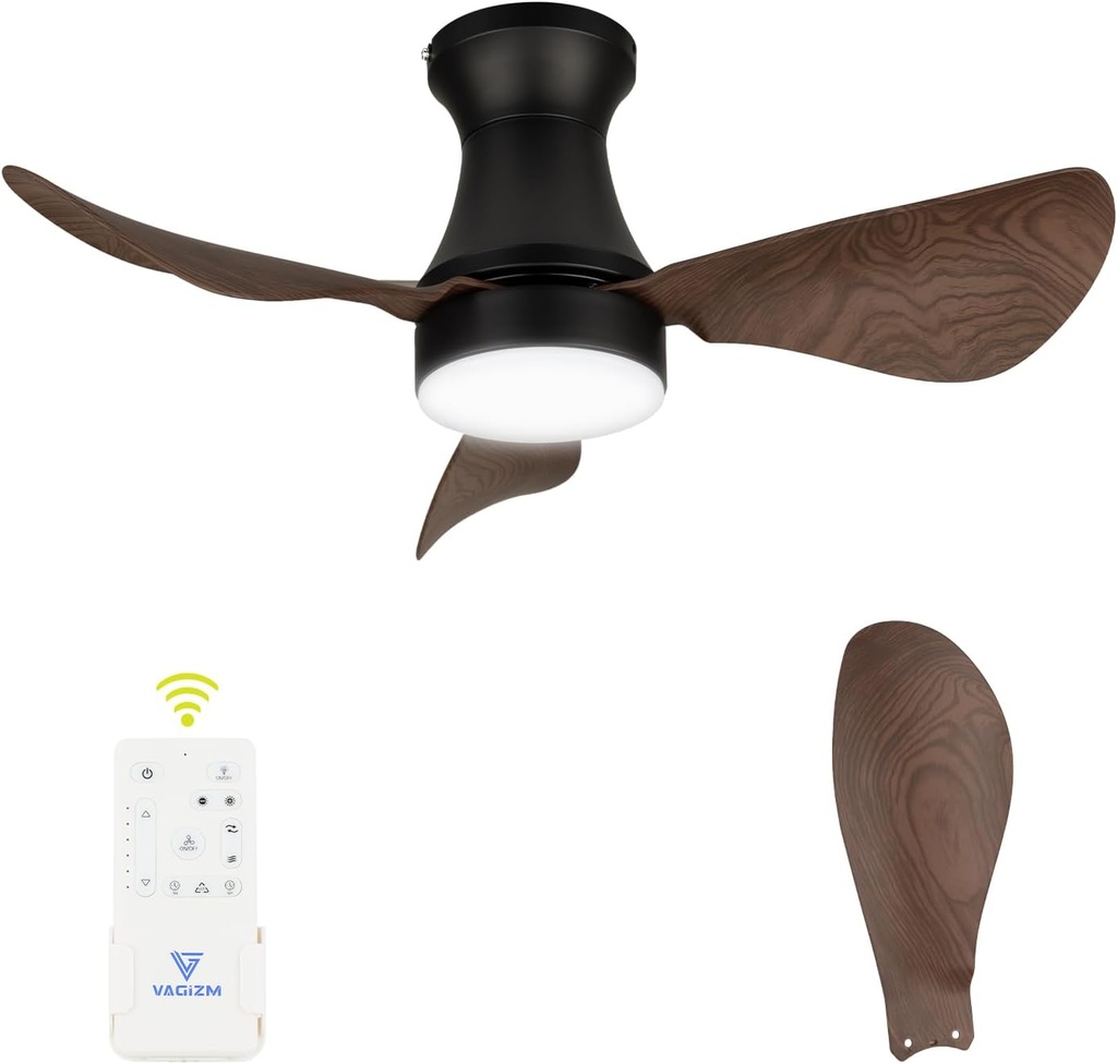 30 Inch Flush Mount Ceiling Fan with Light - Small Ceiling Fan with Light for Bedroom/Kids Room/Small Room - Low Profile Design - Indoor/Outdoor Use - 3 Blades Walnut
