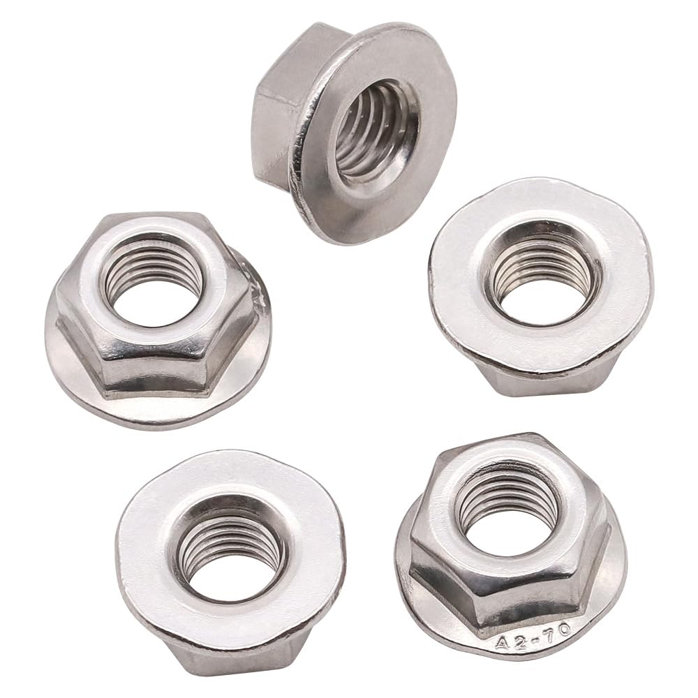 (50 PCS) M6-1.0 Hexagon Flange Nuts with Non-Serrated Flange Washer Head, 304 Stainless Steel, Hex Drive, Full Thread