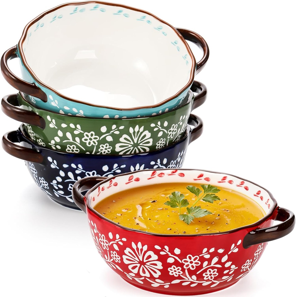4 Pack Ceramic Soup Bowls with Handles, 24 Oz French Onion Crocks, Assorted Stackable Serving Bowl for Chili, Soup, Stew, Cereal, Microwave and Oven Safe, 4 Color