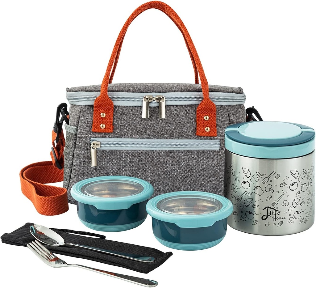 Lille Home Lunch Box Set, A Vacuum Insulated Bento/Snack Box Keeping Food Warm for 3-4 Hours, Two Stainless Steel Food Containers, A Lunch Bag, A Portable Cutlery Set (Blue)