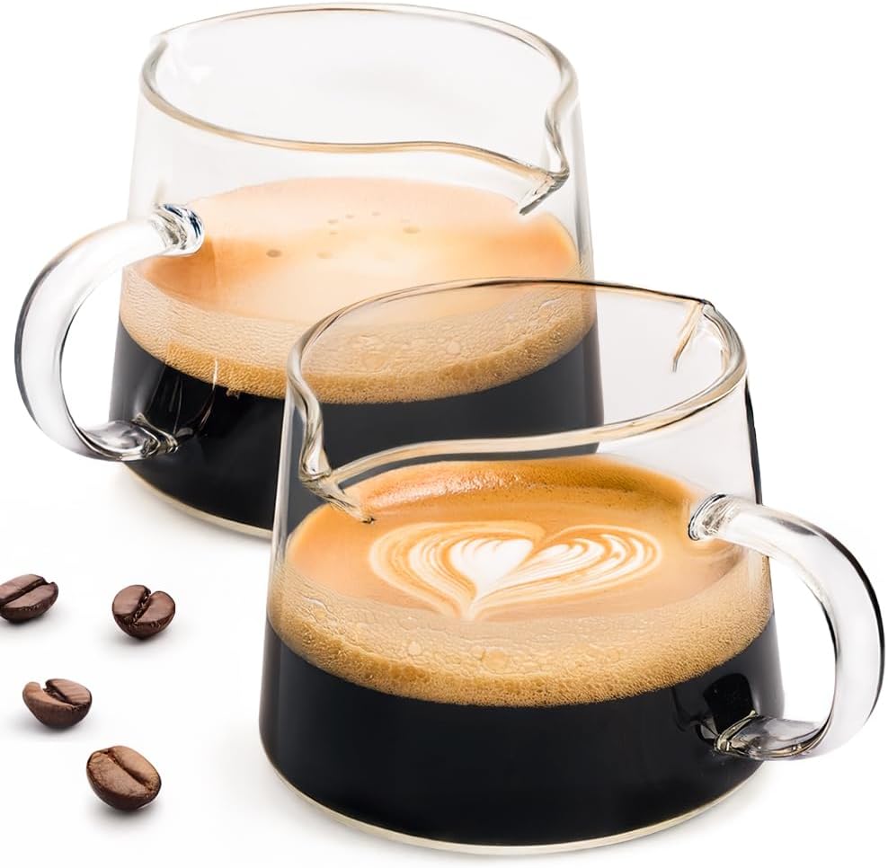 Espresso Cups, 2Pcs Coffee Bar Accessories, Espresso Shot Glass with Double Spouts, 4 Oz Small Coffee Cups with Handle, Cute Clear Coffee Mugs for Coffee Bar, Offices