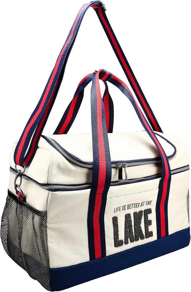 Pavilion Gift Company - Lake - Insulated 12Hr Cold Hot Travel Cooler Family Bag 24 Can Capacity Reusable Grocery Soft Edge Collapsible Large Zippered Tote Over The Luggage Bag Strap Day Trip Lake Gift