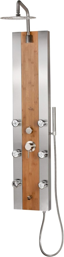 PULSE ShowerSpas 1050 Bali ShowerSpa Panel with 10" Low-Profile Rain Showerhead, 6 Body Spray Jets, Hand Shower, Tub Spout, Bamboo Wood and Stainless Steel Panel with Brushed Nickel Fixtures