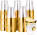 JOLLY CHEF 100 Pack 10 oz Gold Plastic Cups, Clear Plastic Glasses Tumblers, Elegant Gold Rimmed Disposable Cups Perfect for Weddings, Thanksgiving Day, Christmas