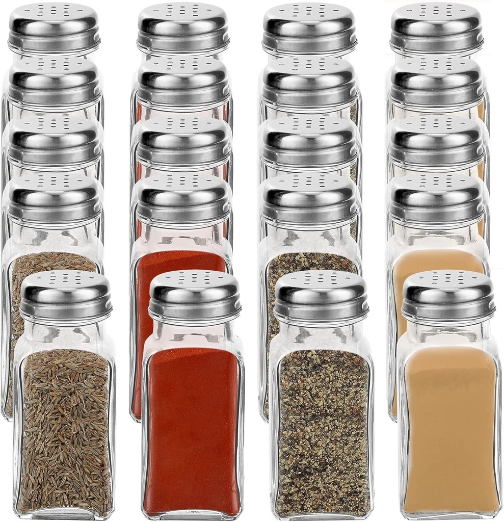 20 Pack Salt and Pepper Shakers Glass Set, 3.82 x 1.5 Inch Pepper Dispenser with Stainless Steel Lid for Salt, Pepper, Spices, Seasonings, Kitchen Restaurants and Catering Supplies