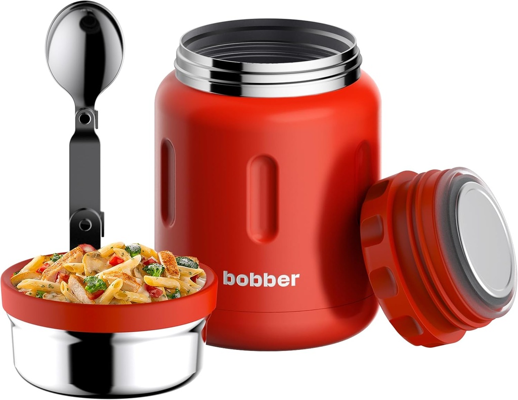 BOBBER 24 oz Insulated Stainless Steel Food Thermo Jar for Hot Food, Extra-Wide Mouth Lunch Container for Adults with Spoon and Bowl, Dishwasher Safe - Keeps Meals Hot for 14 Hours (Red)