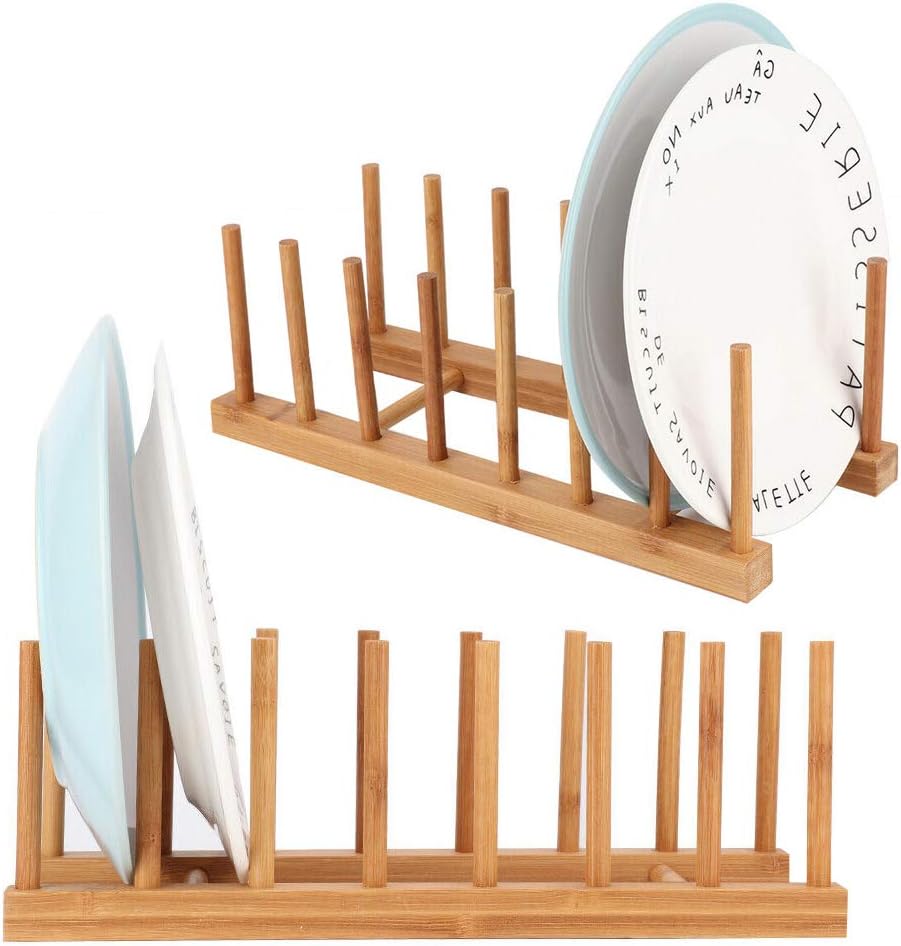 2PCS Bamboo Wooden Dish Rack, Plate Rack Stand Pot Lid Holder w/Holds 14 Plates, Kitchen Dish Plate Storage Cabinet Organizer Drainer w/ 7 Slots for Cup, Cutting Board, Bowl, Drying Rack and More